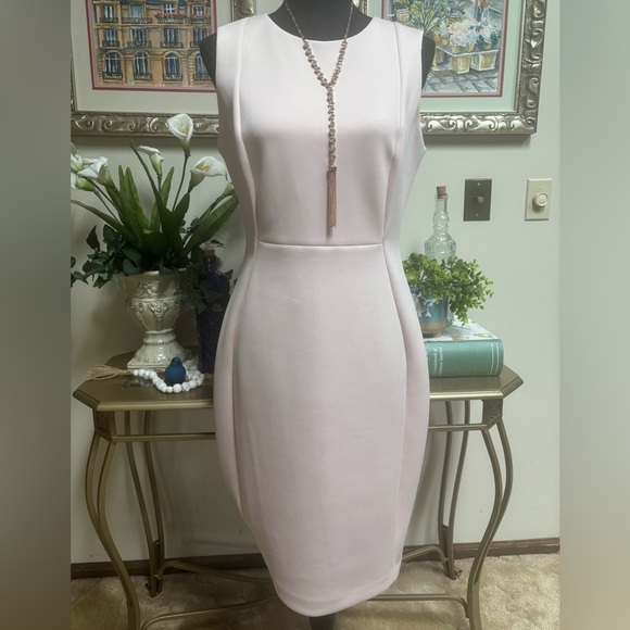 CALVIN KLEIN BLUSH PINK TAILORED CLASSIC MIDI FORMAL SHEATH DRESS SZ 10 - Picture 1 of 9